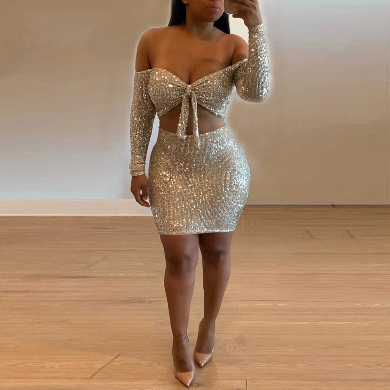 Женское облегающее платье с блестками EvaQueen вечернее мини бантом и открытыми