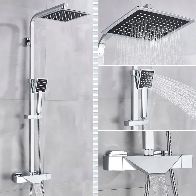 Thermostatic Chrome Смеситель для ванной комнаты черный дождь Душевая Головка Термостатический смеситель для ванны настенный смеситель для ванной душ смеситель для душа душевой набор - Цвет: Thermostatic Chrome