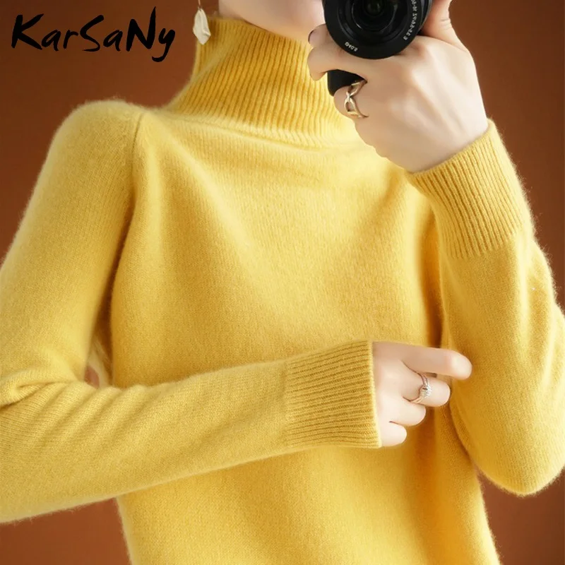 Свитер женский осенне-зимний вязаный желтый теплый с высоким воротом 2020 | Женская