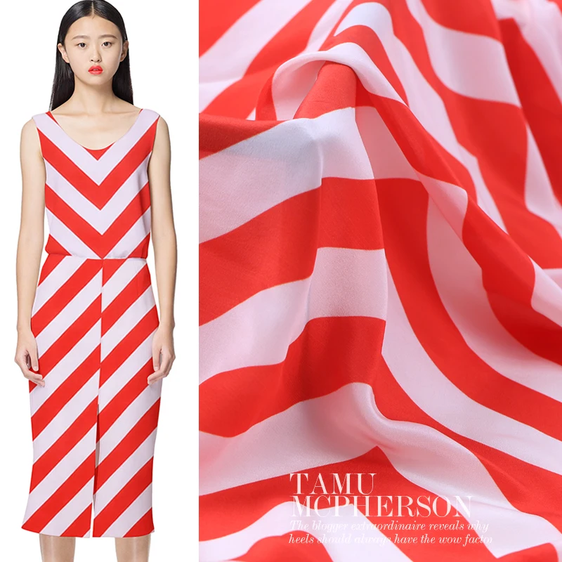 

140CM Wide 12MM Orange White Stripe Print Silk Crepe de Chine Fabric for Summer Dress Jacket Pants B241