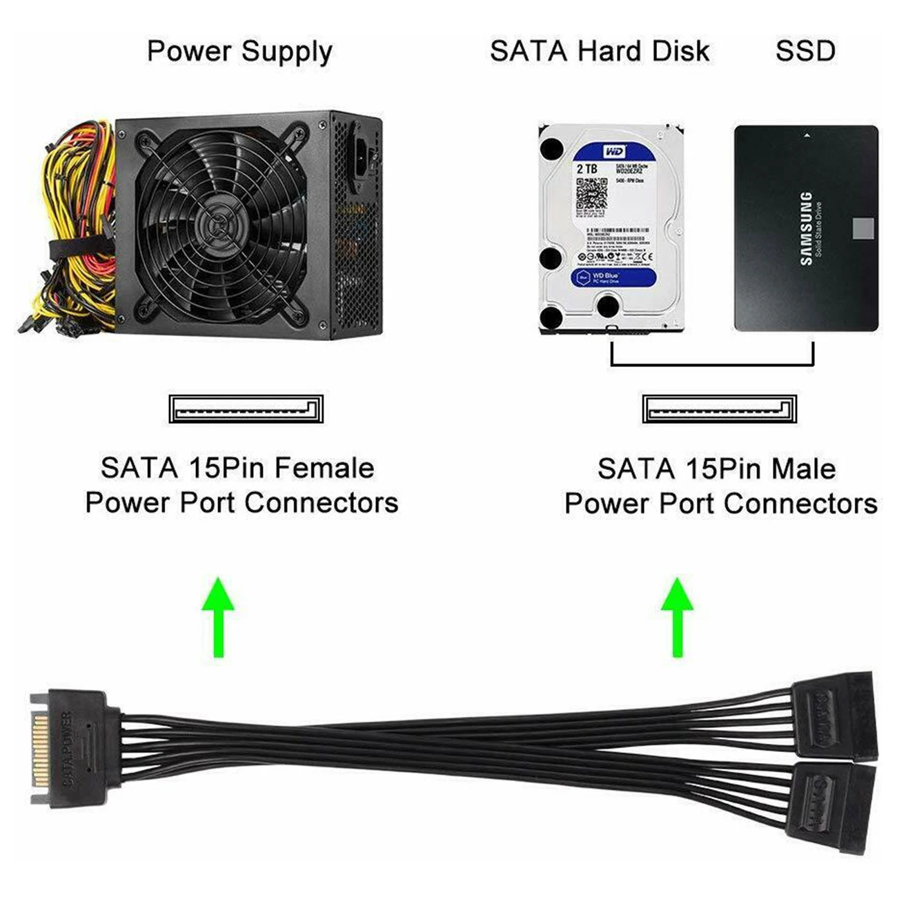 2 шт. 15Pin SATA Питание сплиттер кабель жесткого диска 1 Мужской до 5 Женский