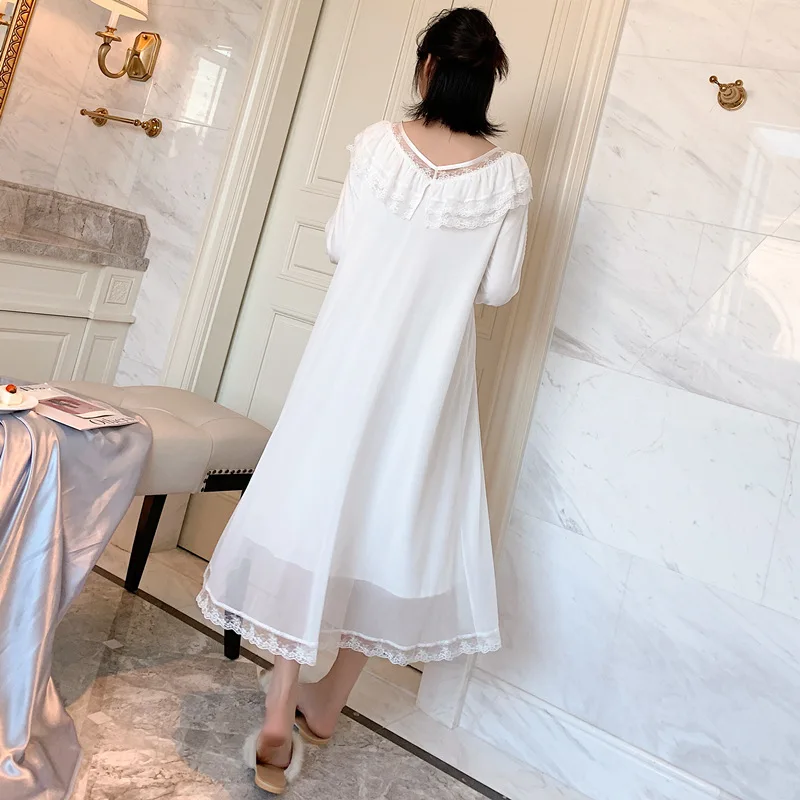 

Women's Sleepwear White Sweet Princess Long Sleeve Nightgown Retro Mesh Nightdress Robe Dress Gown M L