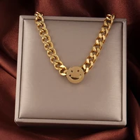 stainless steel gold color simple necklace hip hop happy smiling face necklace for women clavicle chain chunky chain choker