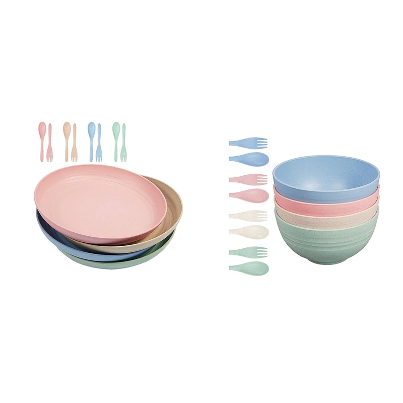 

2 Set Kitchen Tableware:1 Set Wheat Straw Plates 10Inch Family Dinner Plates & 1 Set 24Oz 4 Color Lightweight Bowl