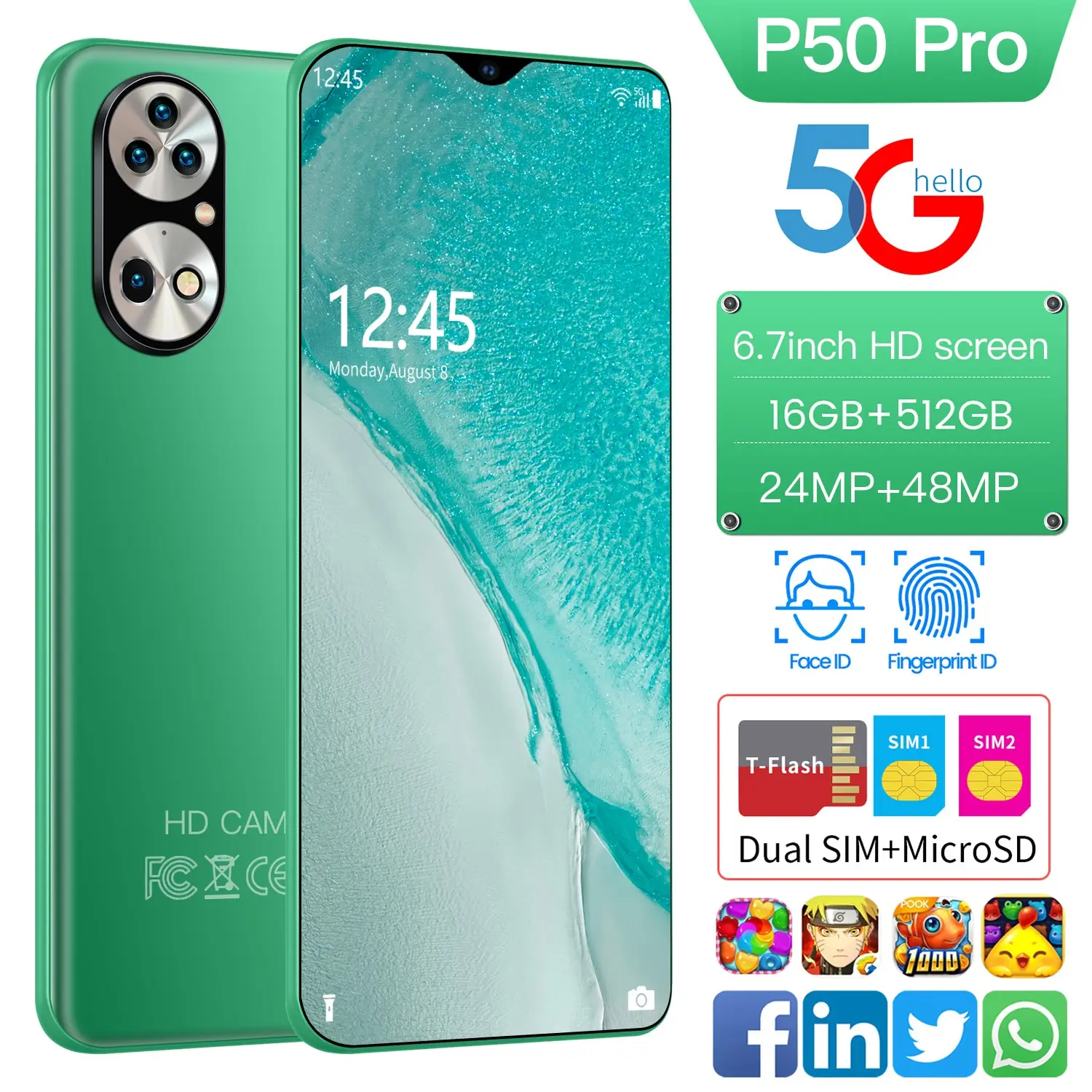 

New P50 PRO Smartphone 6.7inch 24MP+48MP HD Camera 16+512G 6000mAh Dual SIM Support 4G/5G Unlock Mobile phones Cellphone