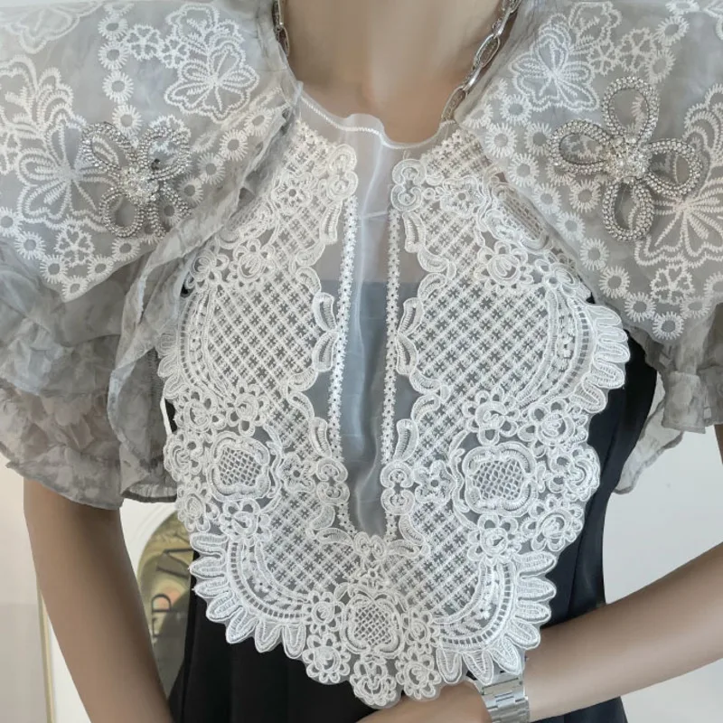 

DEAT 2021 New Spring And Autumn Fashion Casual Sweet Pleated Mesh Lace Collar Slim Solid Color Top Women's SL351