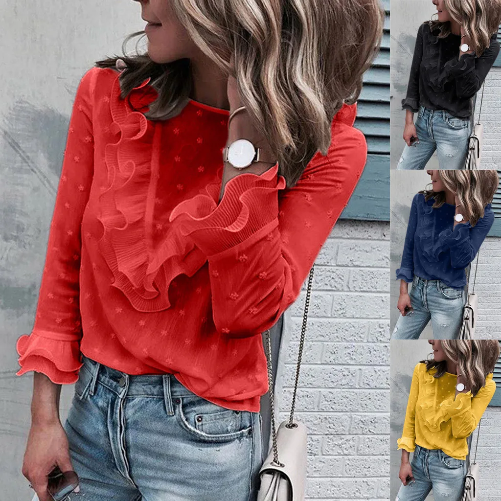 Женская Повседневная Осенняя блузка кружевная рубашка в горошек с круглым