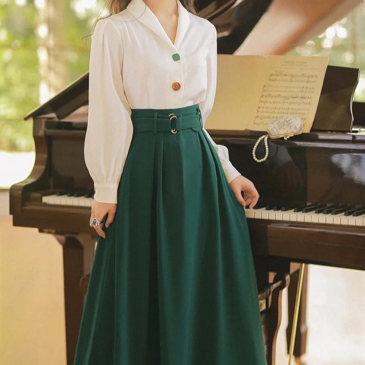 

Осенняя однобортная белая рубашка с длинным рукавом + темно-зеленая юбка, комплект из двух предметов с бесплатным поясом