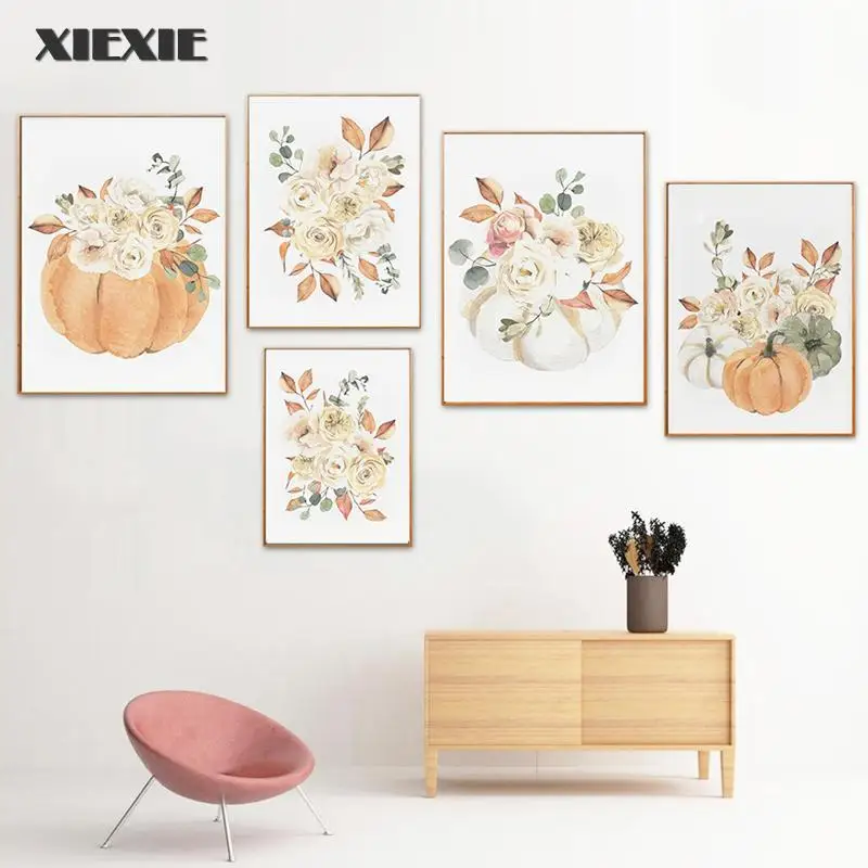 

Pumpkin Flower Leaves Wall Art Flowers Pumpkin Canvas Painting Nordic Posters and Prints Wall Pictures for Living Room Decor