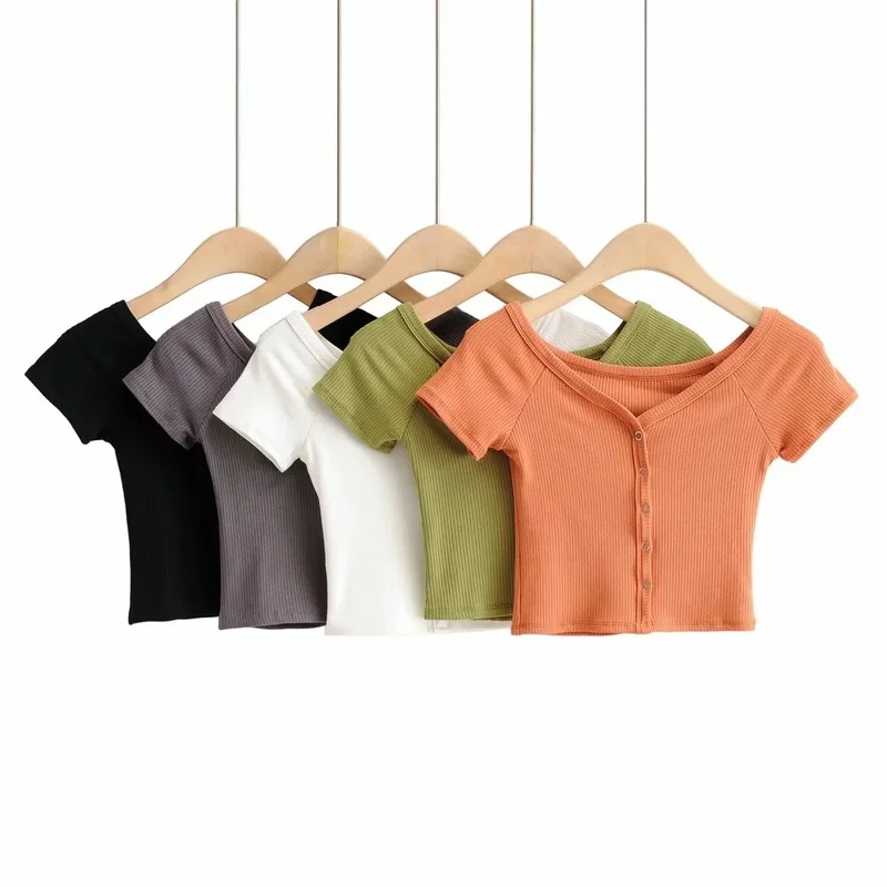 

Sumemr Women New Sexy V-neck Short Sleeve Knitted Tops Korean Style Button Up Black Slim Solid Single Breasted Casual T-Shirts