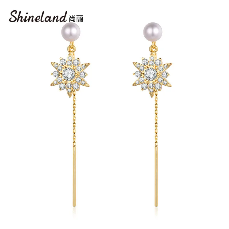 

Shineland Exquisite Crystal Rhinestone Pearl Dangle Earrings for Women Bijoux Long Tassel Snowflake Wedding Bride Jewelry Gift