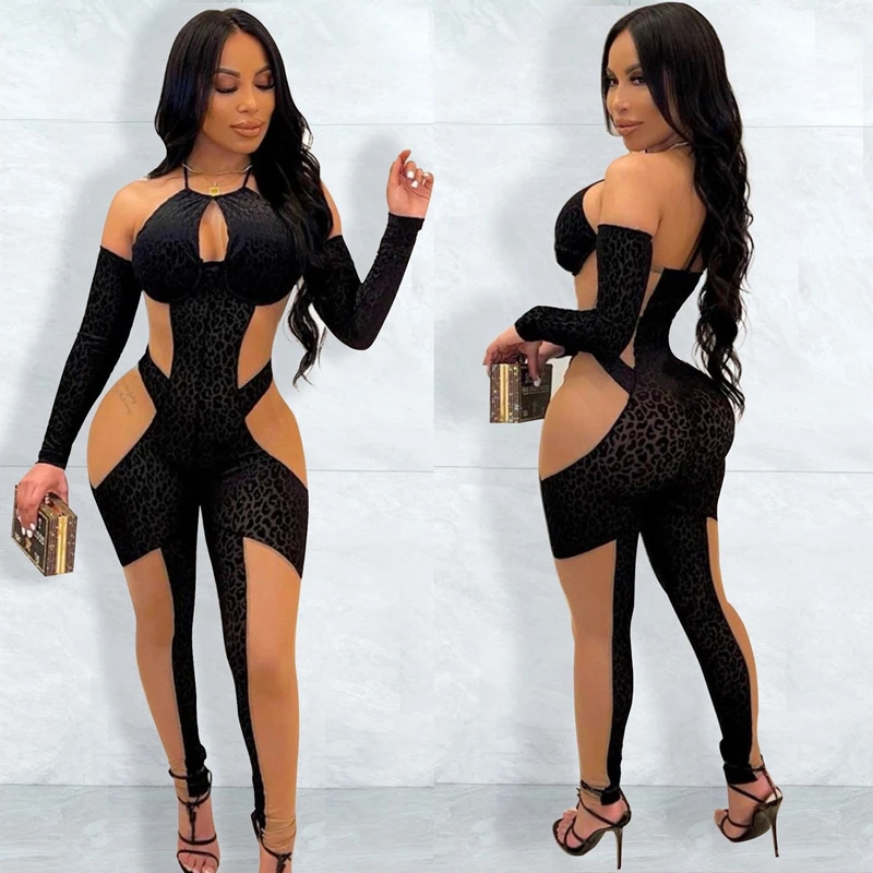 

Spring Fall Clothes Jumpsuit Women Mesh Sheer Leopard Sexy Bodycon Romper One Piece Pants Lounge Streetwear Wholesale Items