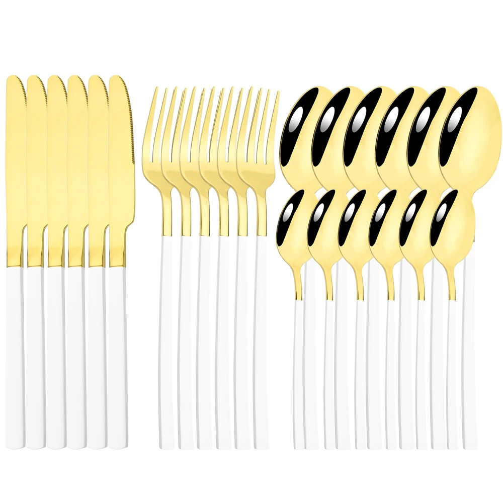 

White Gold Stainless Steel Cutlery Set 24 Pieces Tableware Set Dinnerware Set Forks Spoons Knives with Teaspoon Home Silverware