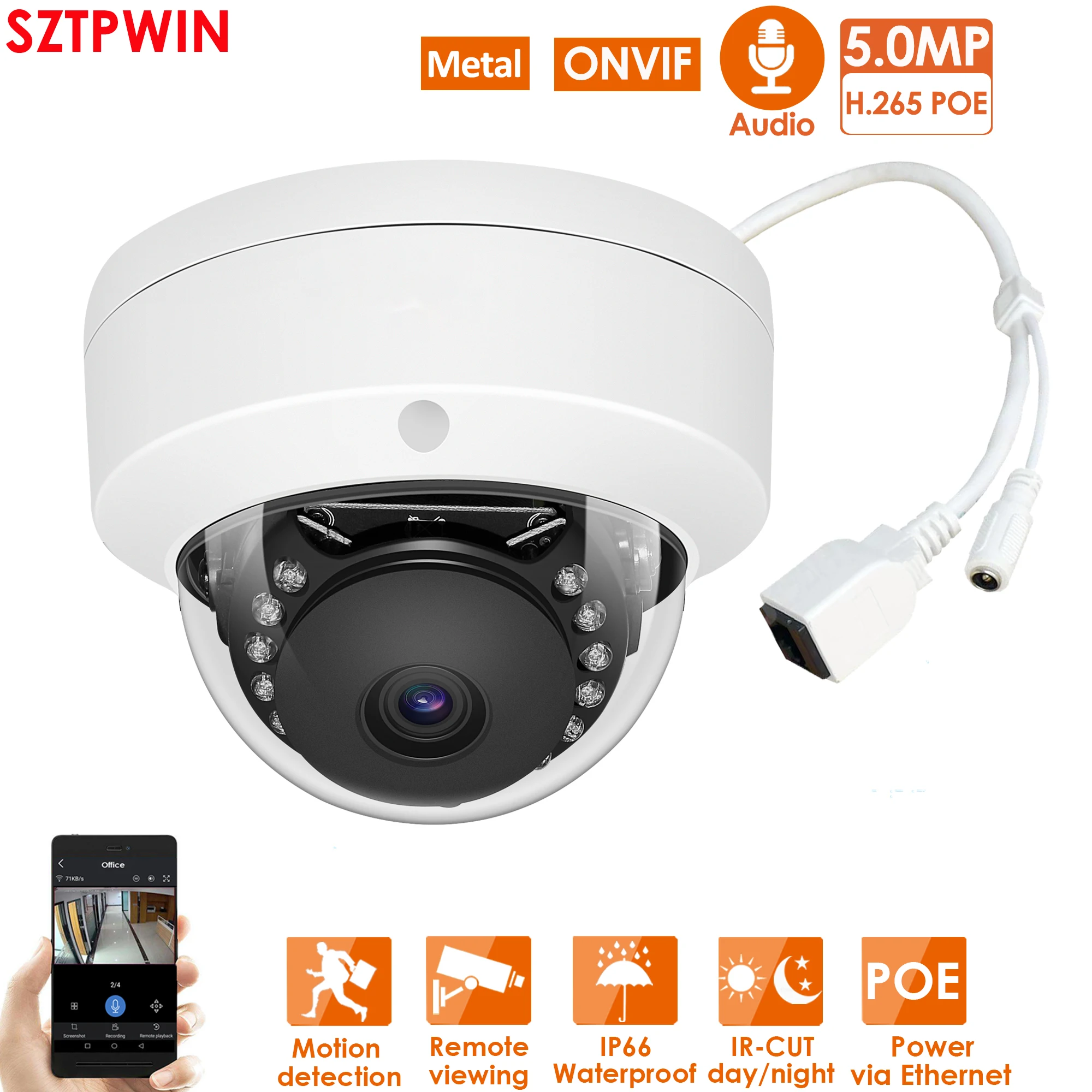 Металлическая купольная IP камера ONVIF H.265 5 МП видеонаблюдения с записью звука