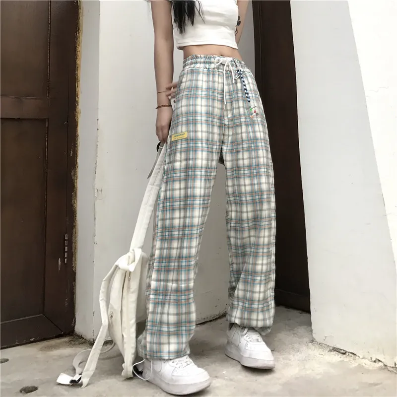 

Harajpoo Women Pants Wide-leg Summer Korean Version Ins High Waist Thin Loose Casual Wild Straight Lattice Female Trousers Tide