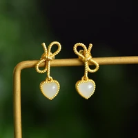 cute female gold plated temperament heart shape bowknot earrings ear drop small exquisite short style hotan jade stud earrings