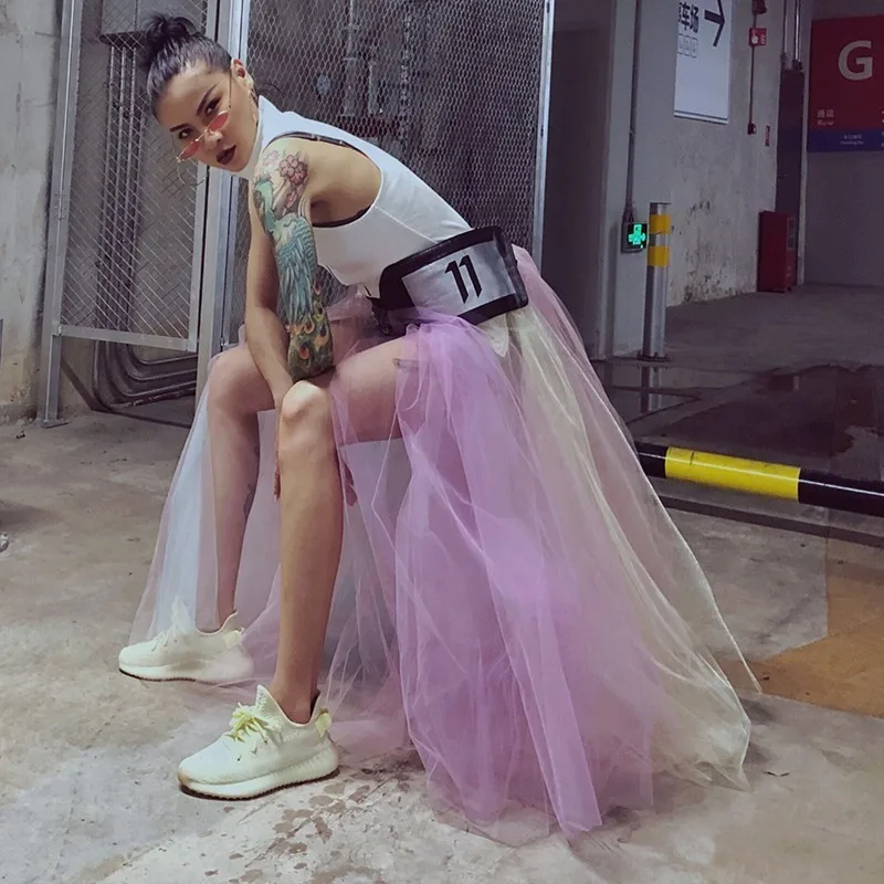

CHICEVER Patchwork Mesh Denim Skirt For Women High Waist Hit Color Designer Ball Gown Skirts Female Fashion 2020 Autumn Clothing