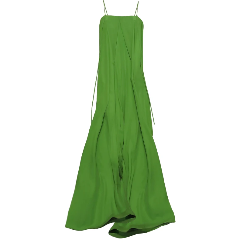 

DEAT Women Green Patchwork Draw String High Waist Folds Dress New Strapless Sleeveless Loose Fit Fashion Tide Summer 2021 7E0232