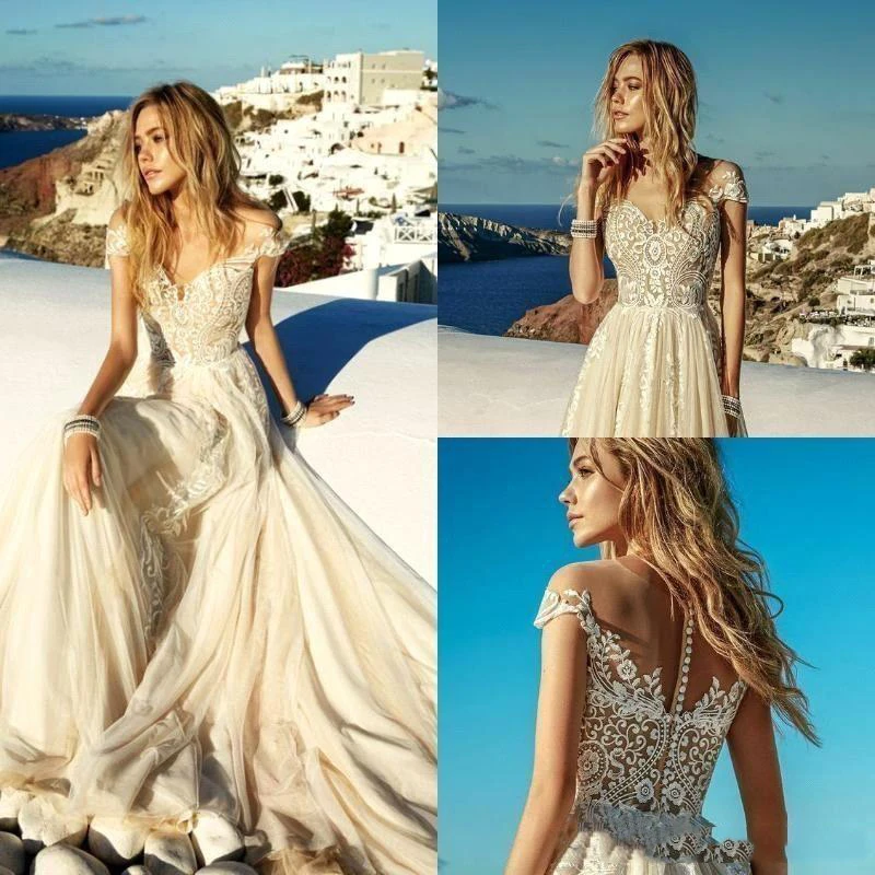

Champagne Wedding Dresses Boho Beach Chiffon Lace A Line Appliques Long Bridal Gowns estido de novia 2021