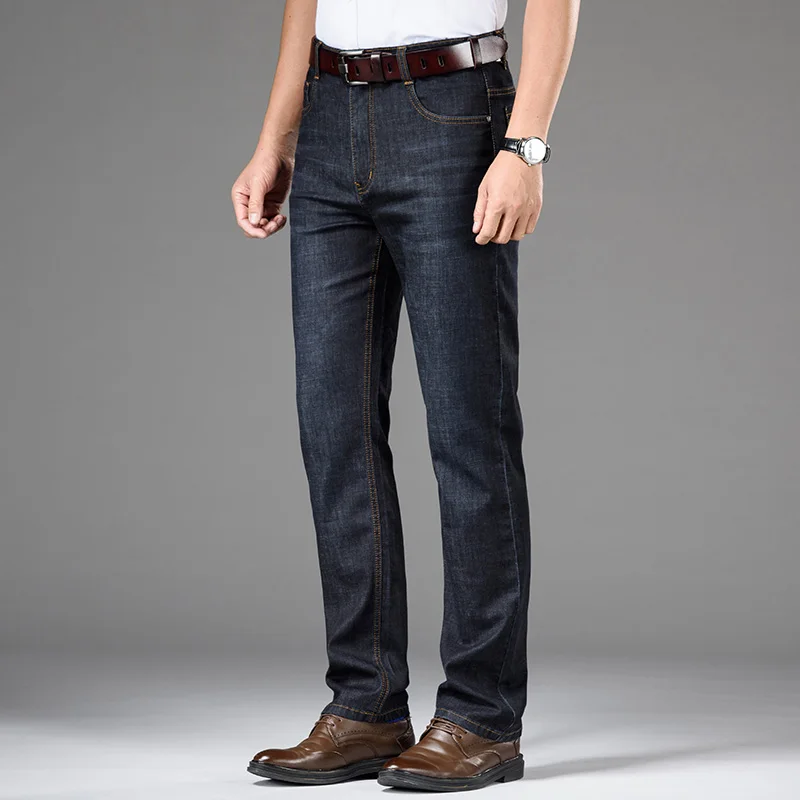 High Waistline Business Slim Jeans Fashion Casual Straight Cotton Elastic Big Size Brand Men Jean Men's Clothing Zipper | Мужская