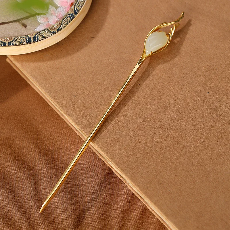 

Bastiee Chinese Hair Pin 925 Hmong Silver Jewelry Hairstick Handmade Jade Magnolia Flower Gold Plated Hairpins
