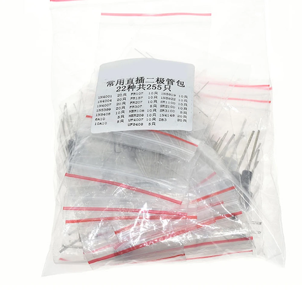 

255PCS/LOT 22 VALUES Fast Switching Rectifier Schottky Diode Assorted Kit 1N4001 1N4004 1N4007 1N5399 6A10 10A10 FR107 FR157