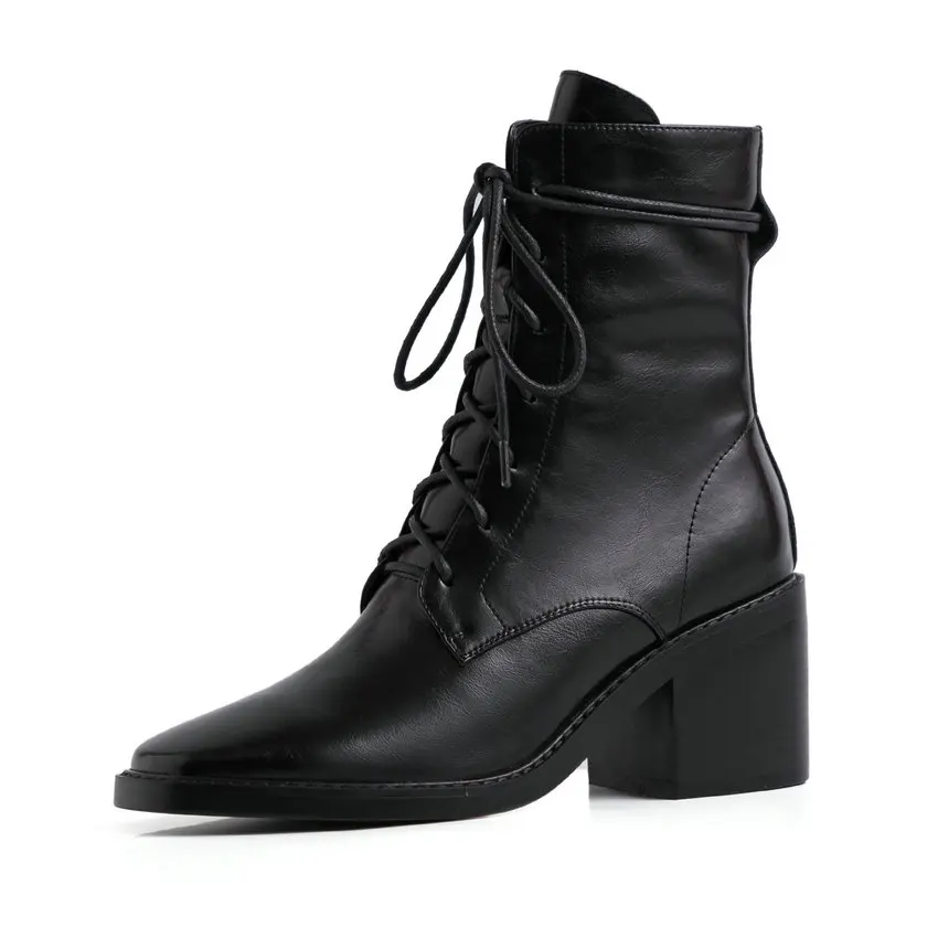 black-cow leather QUTAA/ г. Женские ботинки до середины икры из лакированной кожи на молнии осенне-зимняя женская обувь в стиле ретро на шнуровке с квадратным носком размер 34-39 - Цвет: black-cow leather