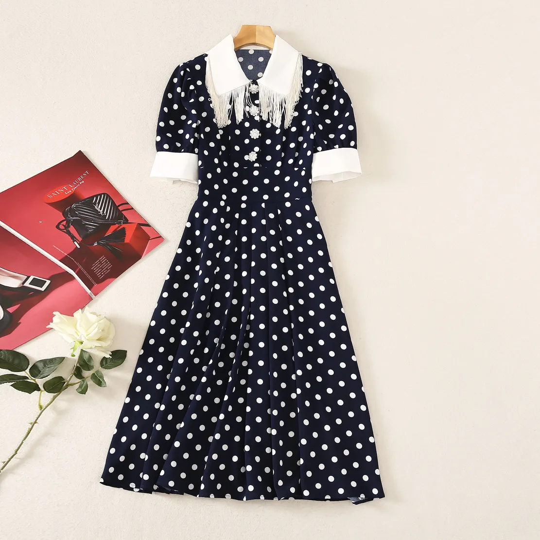 

Runway Vintage Blue Polka Dot Midi Dresses for Women High Quality Elegant Short Sleeve Tassel Patchwork Pleated Woman Dress