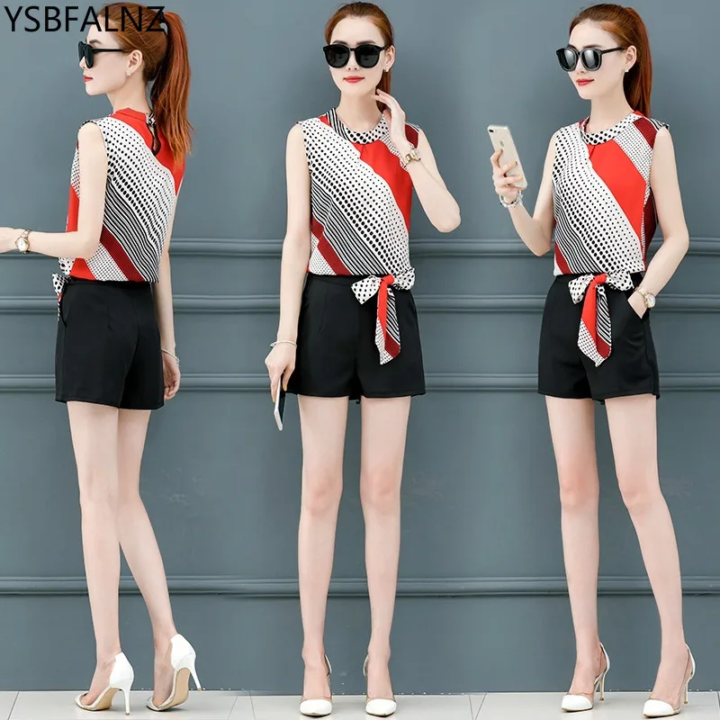 Летний комплект из 2 предметов без рукавов Женский шифоновый топ в горошек с