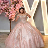 rose gold spaghetti strap shiny crystal ball gown quinceanera dresses sparkly beading plus size sweet 15 prom party dress