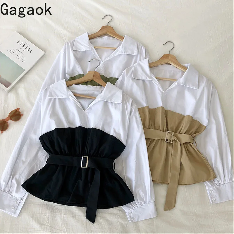 Женская уличная блузка Gagaok весенне осенняя с отложным воротником Лоскутная