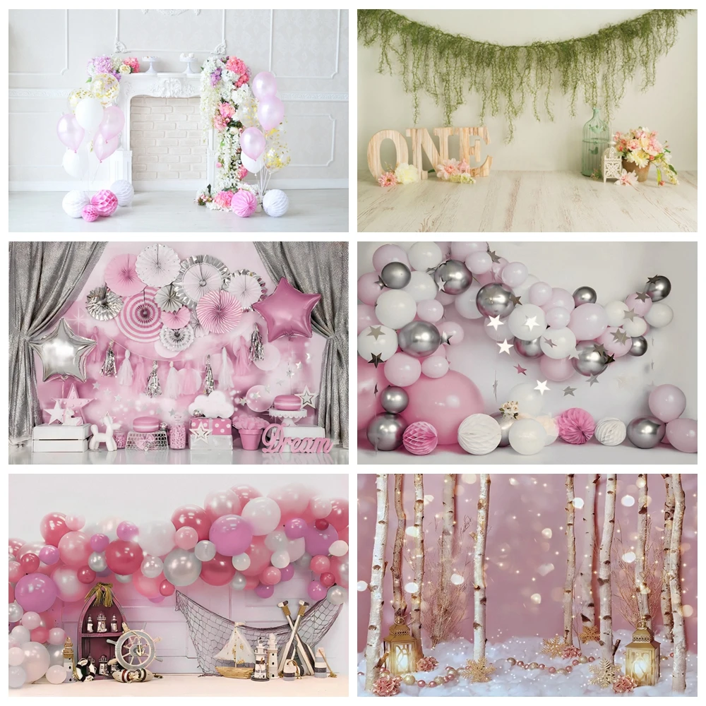 

Laeacco Birthday Backdrops Pink Balloons Flowers Stars Fireplace Baby Portrait Photography Backgrounds Newborn Kids Photocall