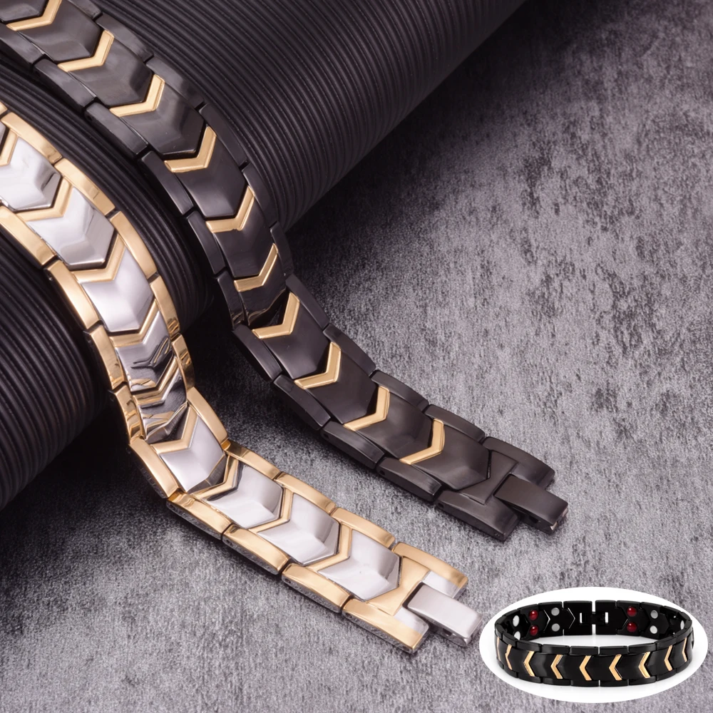 Магнитный браслет для мужчин черный из нержавеющей стали широкая цепочка