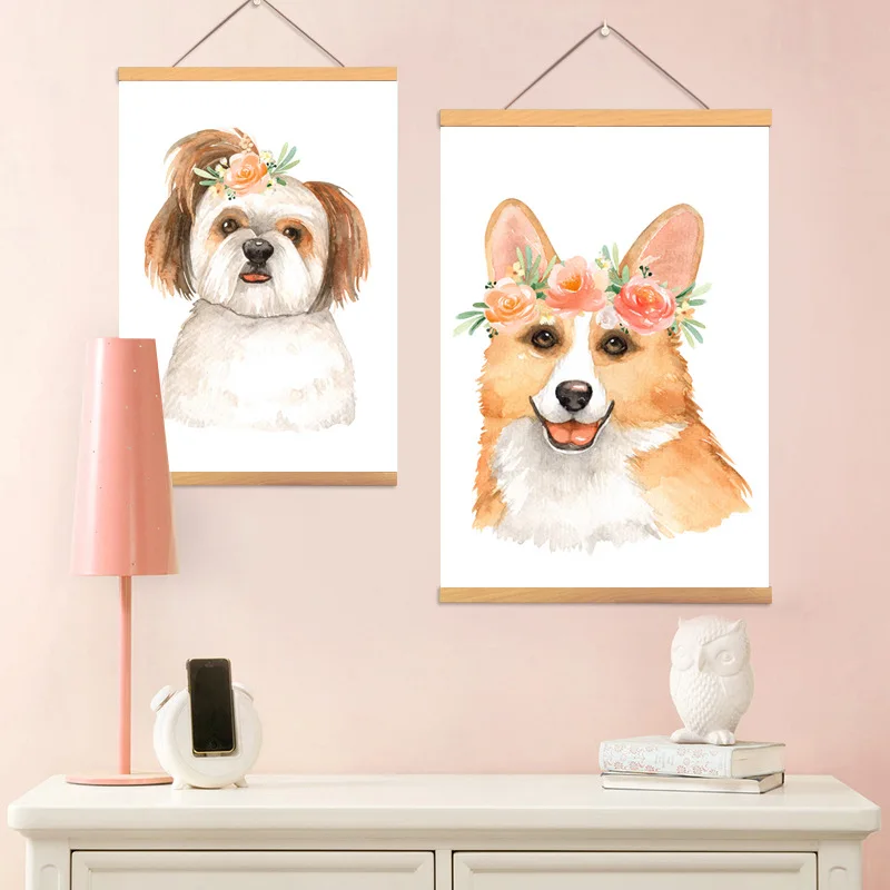Цветочная корона плакат с принтом хаски и собак деревянной рамкой акварельные