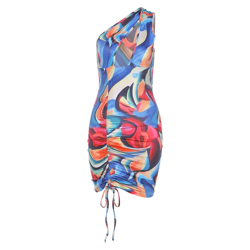 

2021 summer women's new fashion oblique shoulder open back drawstring slim sexy hip dress dress for women clothes