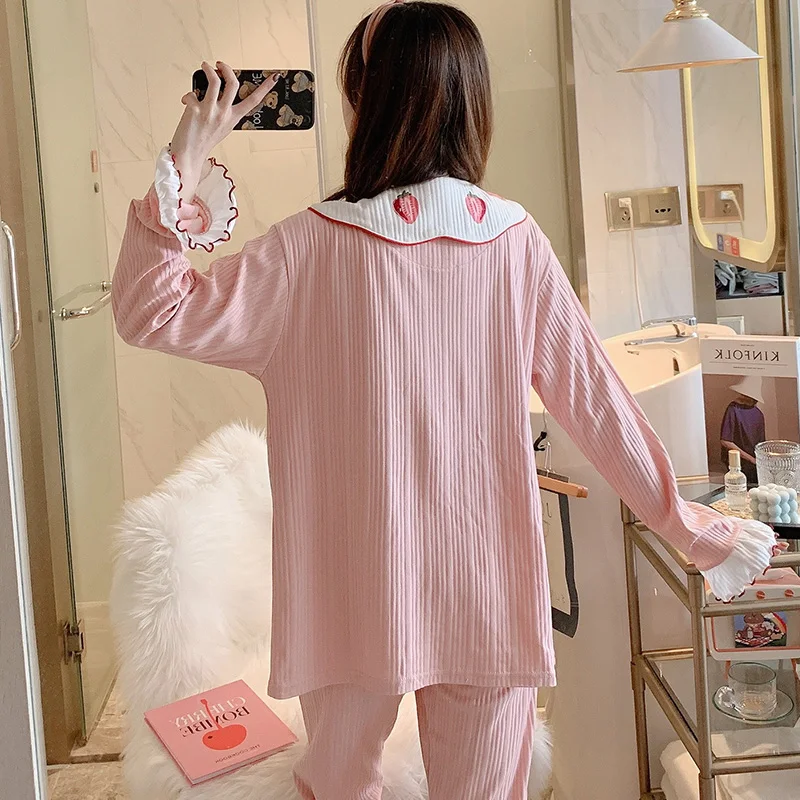 

Women's Cotton Pajamas Spring Autumn Long-Sleeved Korean-Style Neckline Strawberry Sweet Cute Loungewear Suit Summer and