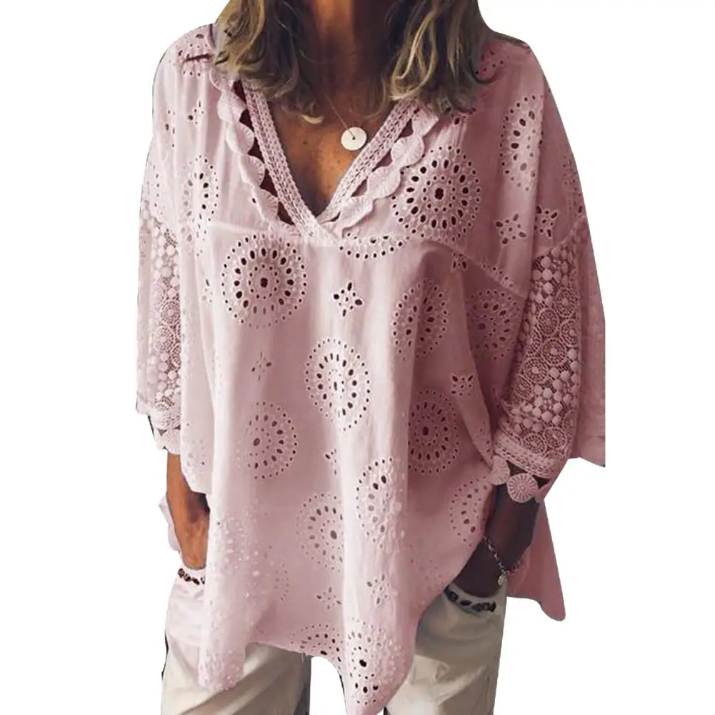 

Plus Size Women Solid Color V Neck Half Sleeve Hollow out Lacework Loose Blouse