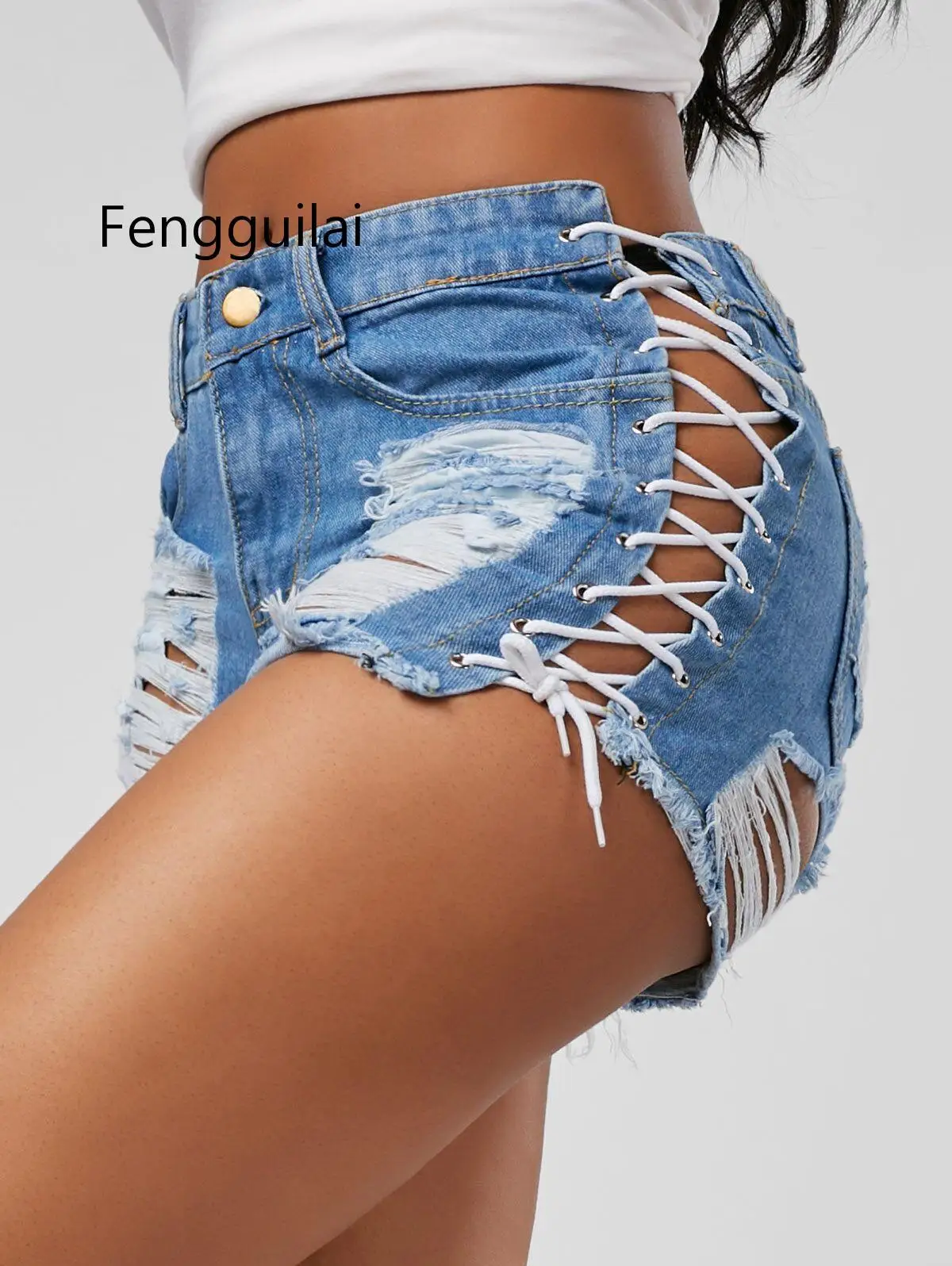 FENGGUILAI Hot  Solid Lacing Women Denim Shorts New Hole Short  Slim Sexy Bandage Jeans Shorts Female Ripped Short Pants