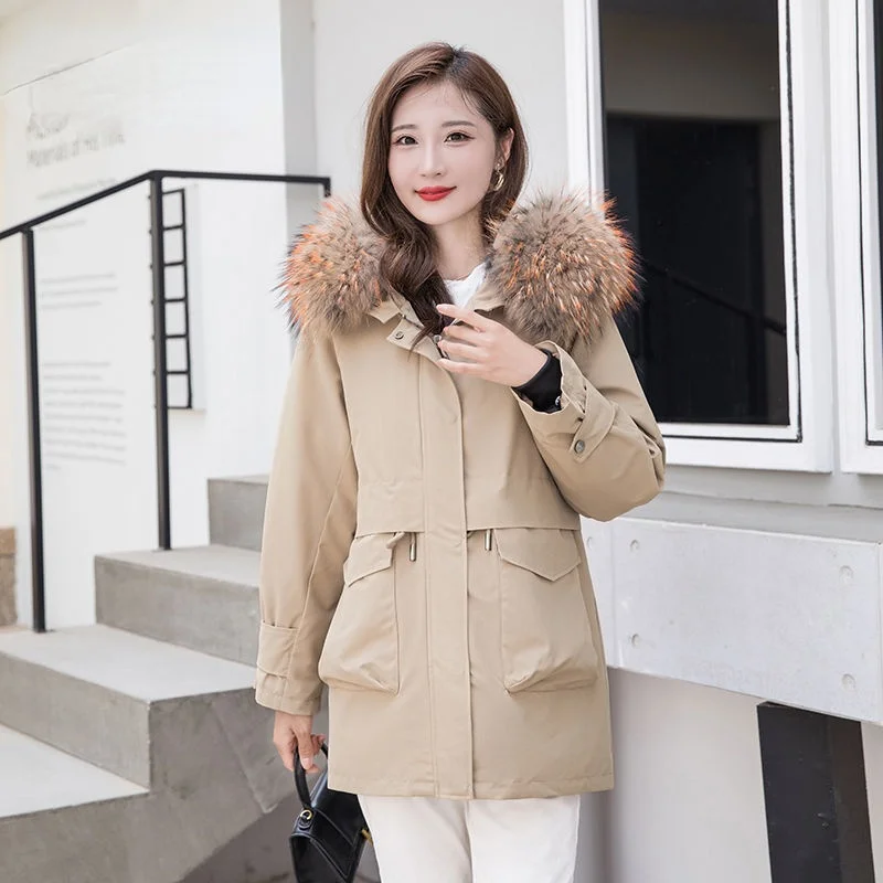 

Женская парка со съемным мехом, свободная однотонная куртка с воротником из натурального меха енота, модель X806 на зиму, 2022