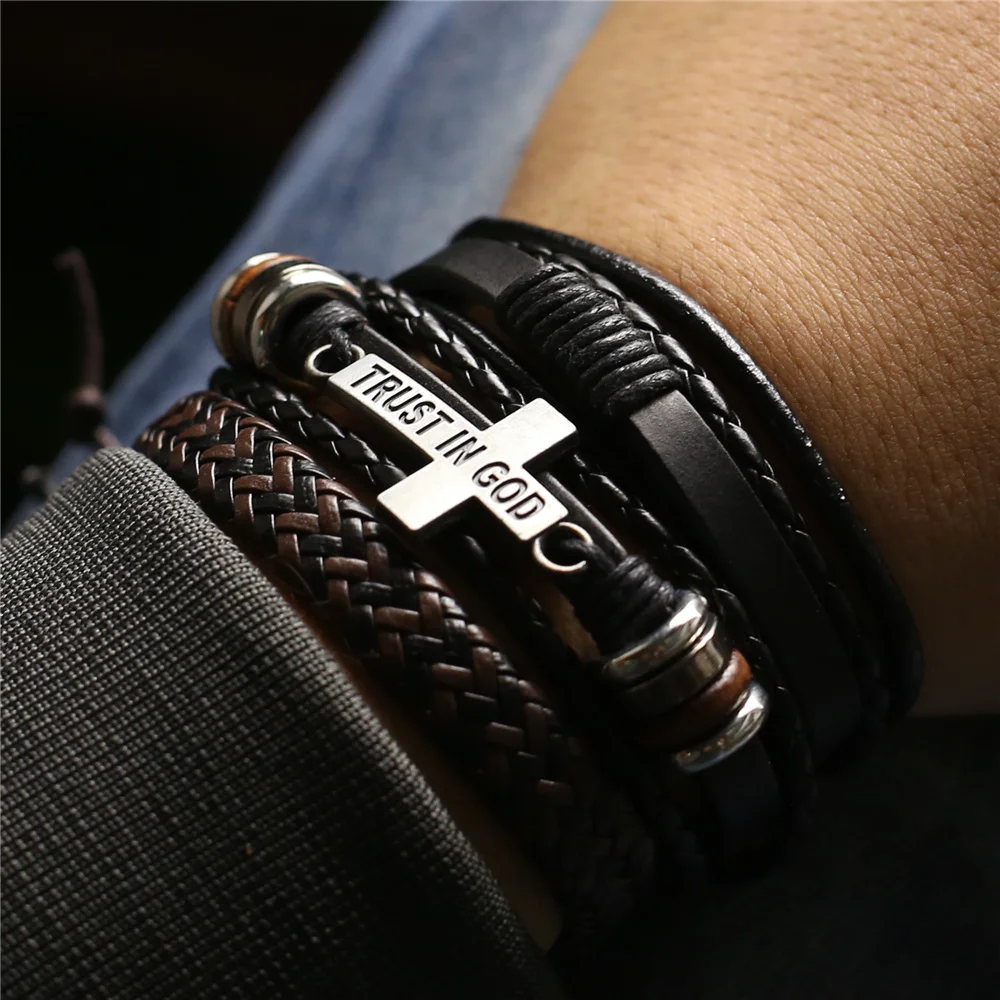 

3 Pcs/Set Leather Bracelets Men Bangles For Women Wood Beads Feather TRUST IN GOD Cross Charm Homme Gift Jewelry Freely Shipping