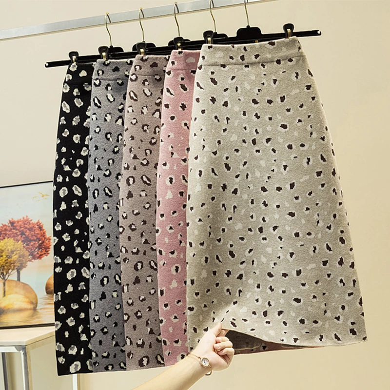 

Leopard print knitted pencil skirt women's autumn winter fashion split midi long a-line skirt lady high waist thick woolen skirt