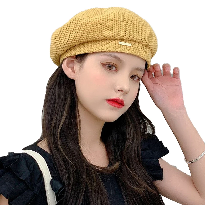 

Elegant Fashion Beret Cap New Japanese And Korean Style Women's Knitted Beret Breathable Spring Autumn Wool Painter's Hat Solid