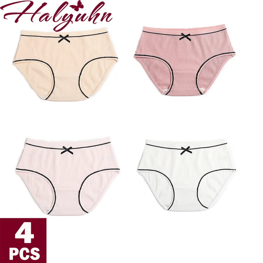 4 шт./лот однотонные трусики с спиральным бантом со средней талией женские