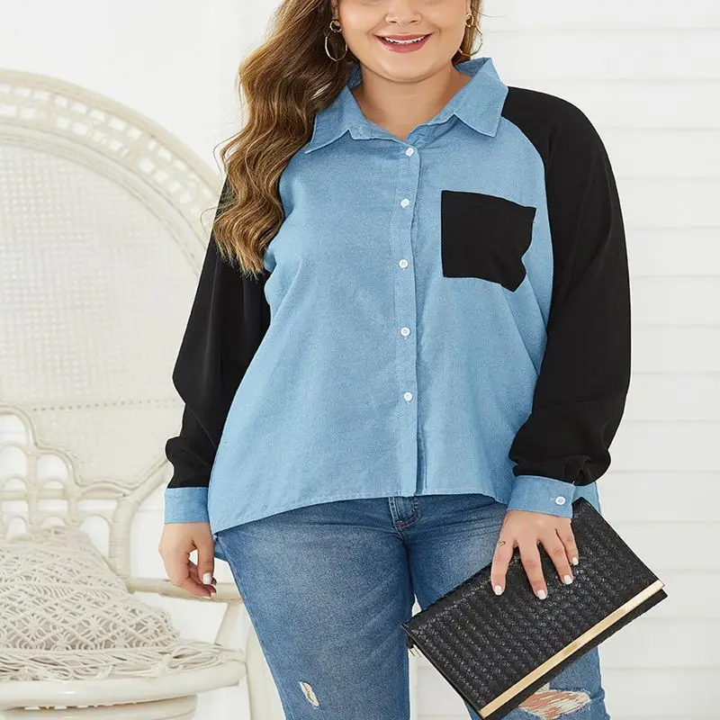 

Large size denim shirt 5XL6XL7XL 8XL 9XL bust 142CM fashion women's denim lapel button long sleeve pocket stitching casual shirt