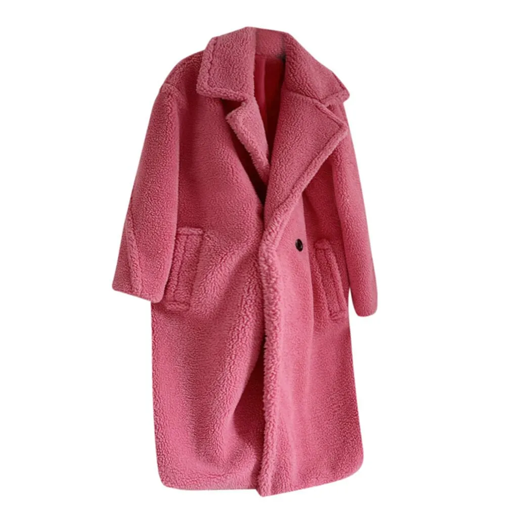 Hot Pink Зимнее женское высококачественное пальто из искусственного меха, роскошное длинное меховое пальто, Свободное пальто с отворотом, толстое теплое женское плюшевое пальто больших размеров 815W - Цвет: Hot Pink