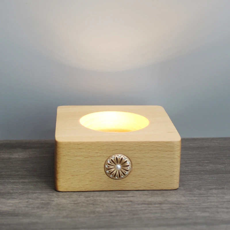 Wooden LED Light Display Base with Flower Button Rechargeable Glowing 3D Crystal Glass Ball Stand Holder Bedside Night Lamp | Дом и сад