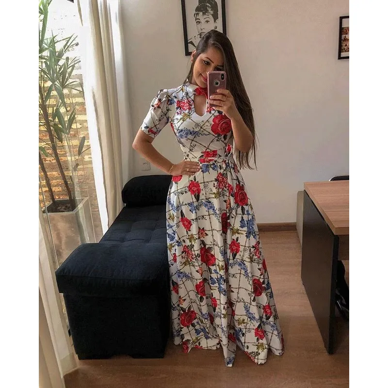 

Vintage Floral Print Short Sleeve Long Dress Summer Casual Slim Women Elegant Belt Bodycon Party Robe Maxi Vestidos Plus Size