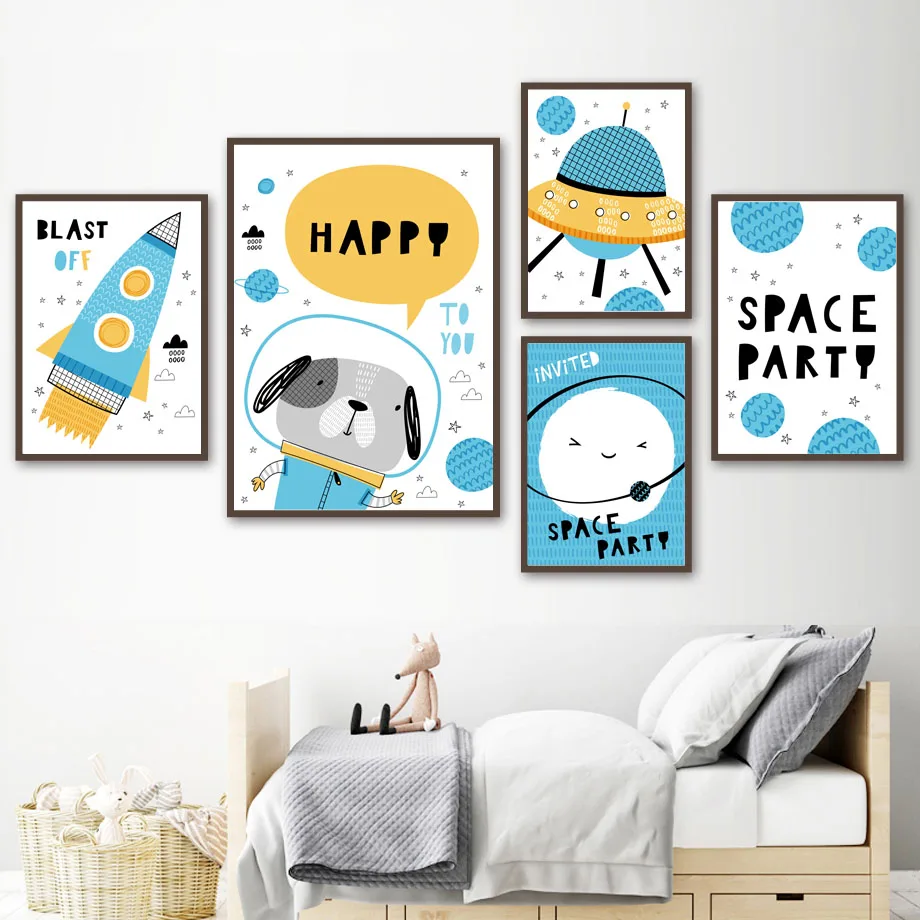 

Cartoon Blue Space Party Dog Astronaut Earth Nordic Posters And Prints Canvas Painting Nursery Wall Picture Baby Kids Room Decor