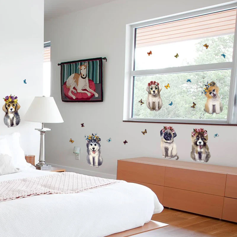 Милые цветы собака настенная наклейка креативный декор для зоомагазина