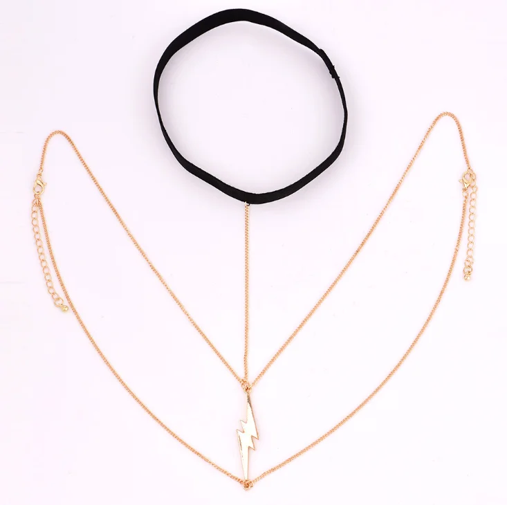 Панковская цепочка с кулоном молнией двойной слой золото серебро кожа до бедра